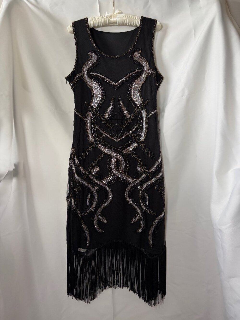 Tassels Cotton Evening Dress in Sequins and Beads